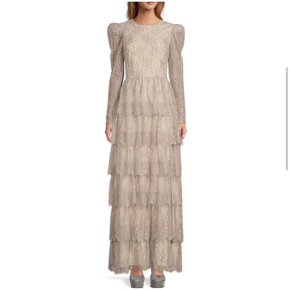 NWT Antonio Melani × Born on Fifth Clara Metallic
Tiered Ruffle Maxi Dress US 2